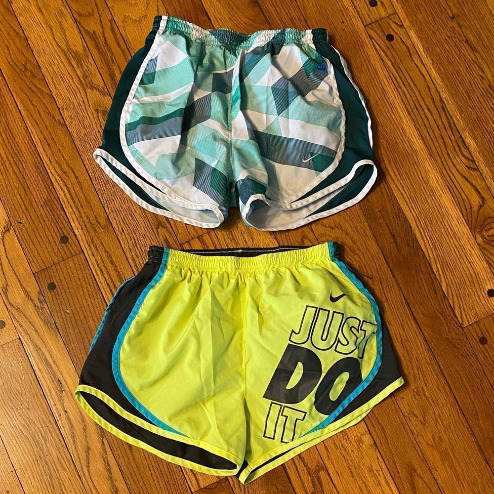 Nike green geometric and neon yellow 2 pack Dri-FIT Tempo Running Shorts